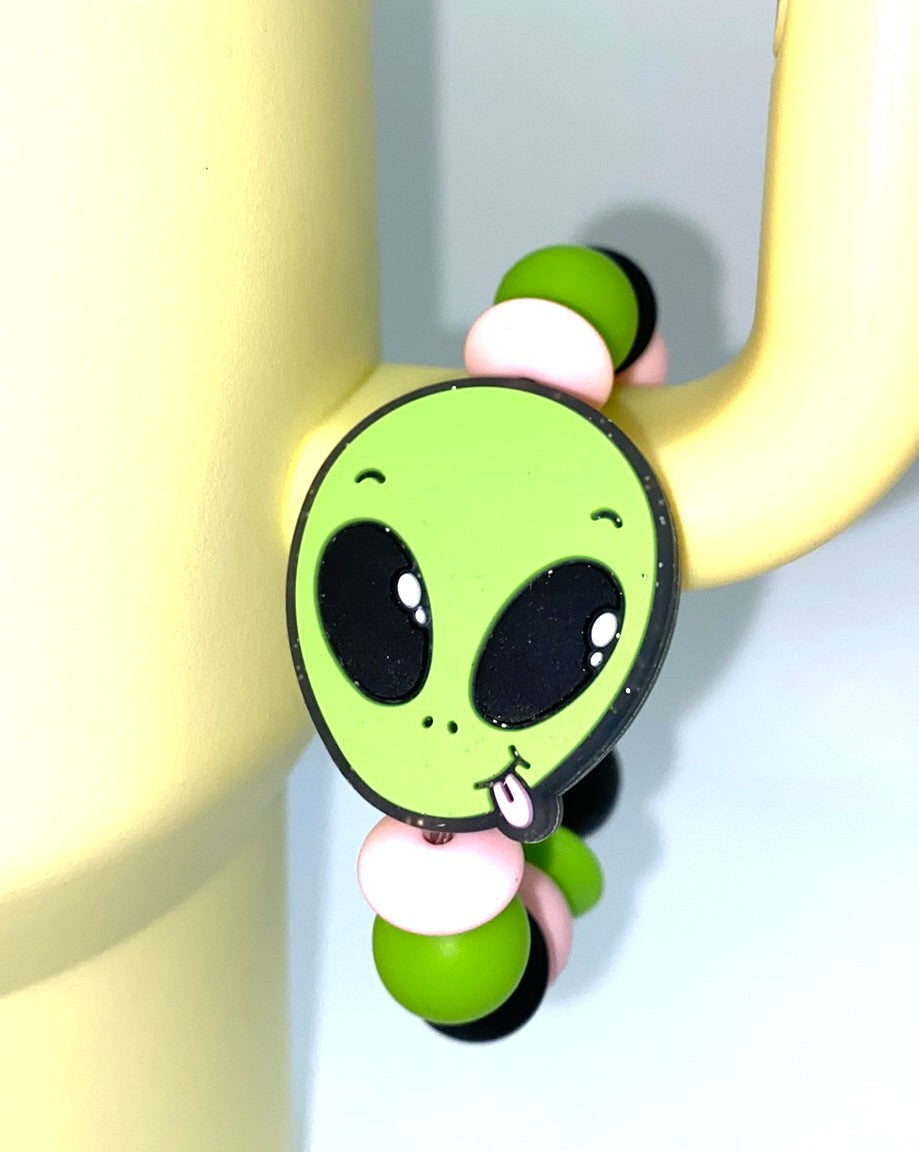 Sassy Silly Green Alien Head Glitter Stanley Tumbler Cup Handle Charm