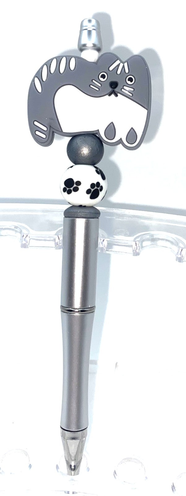 Gray Tabby Big Kitty Cat Beaded Pen