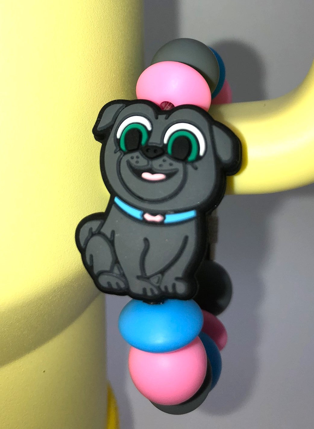 Cute Black Pug Dog w/Blue Collar Cartoon Stanley Tumbler Cup Handle Charm