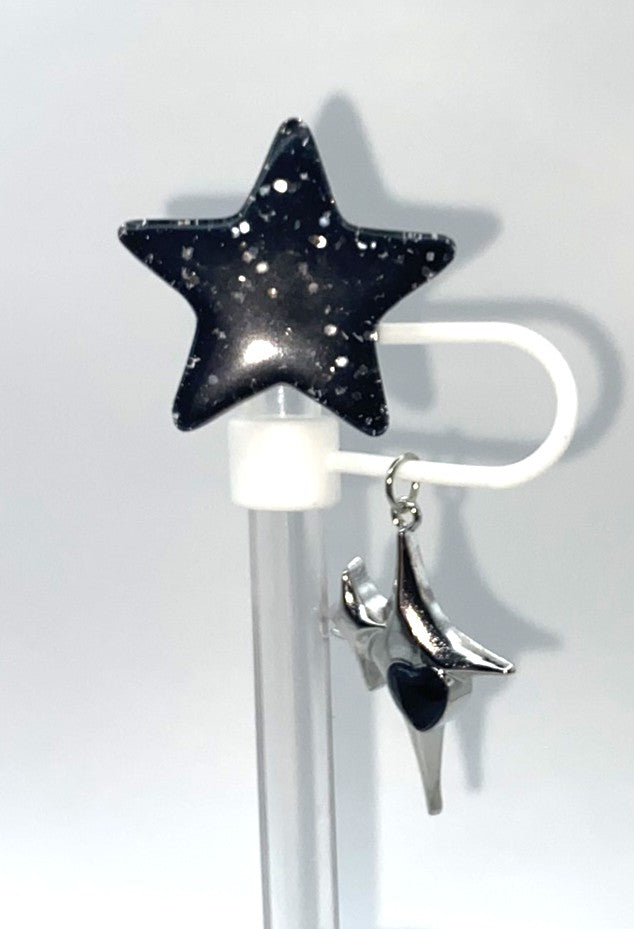 Glitter Black Star w/Dangles Straw Topper