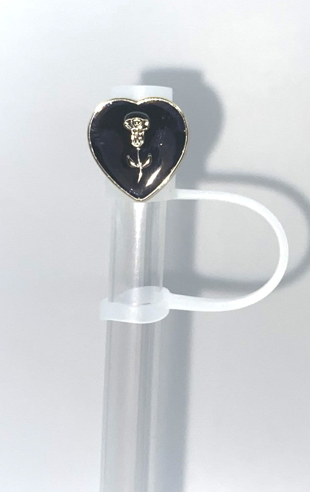 Black Heart w/Rose Acrylic Charm Straw Topper