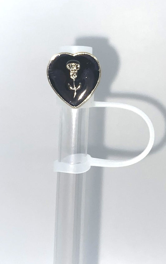 Black Heart w/Rose Acrylic Charm Straw Topper