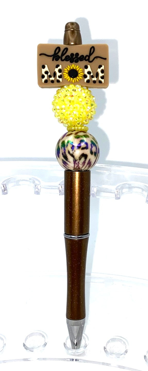 Blessed Mom Sunflower Leopard Print Beaded Pen