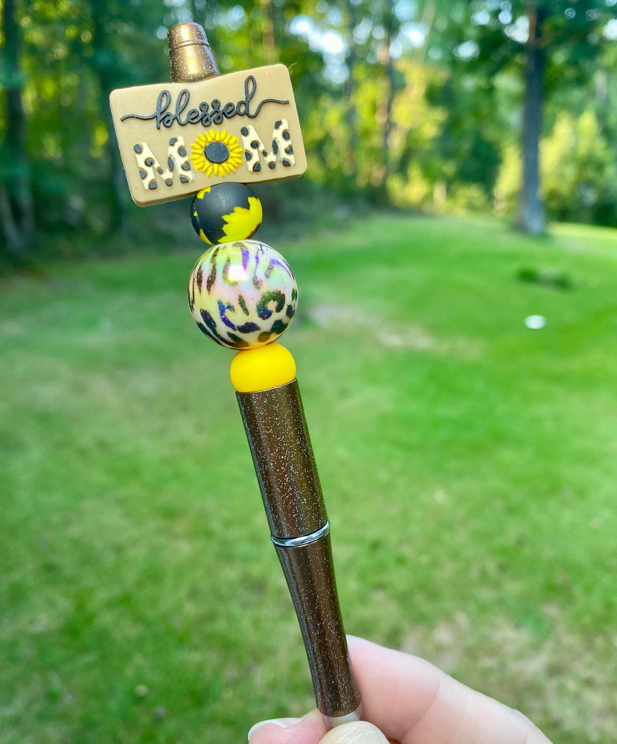 Blessed Mom Sunflower Leopard Print Beaded Pen