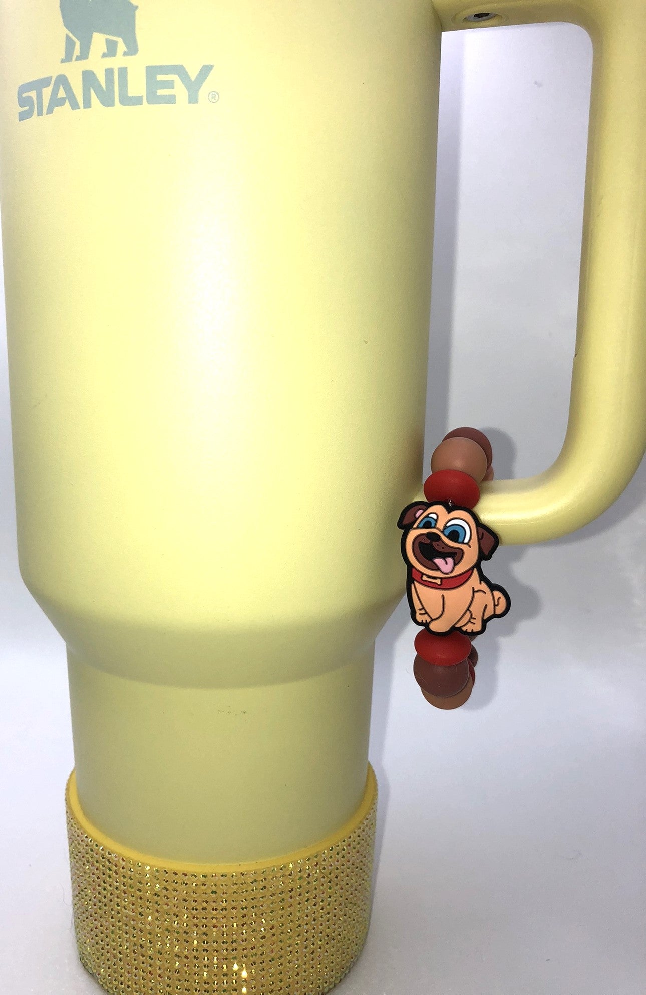 Cute Brown Pug Dog w/Red Collar Cartoon Stanley Tumbler Cup Handle Charm