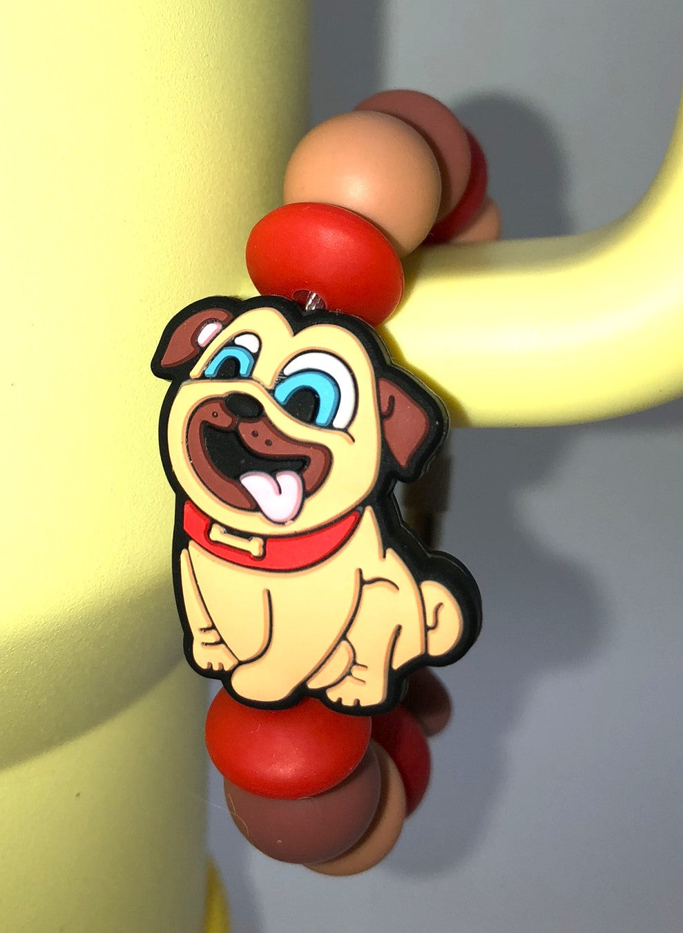 Cute Brown Pug Dog w/Red Collar Cartoon Stanley Tumbler Cup Handle Charm