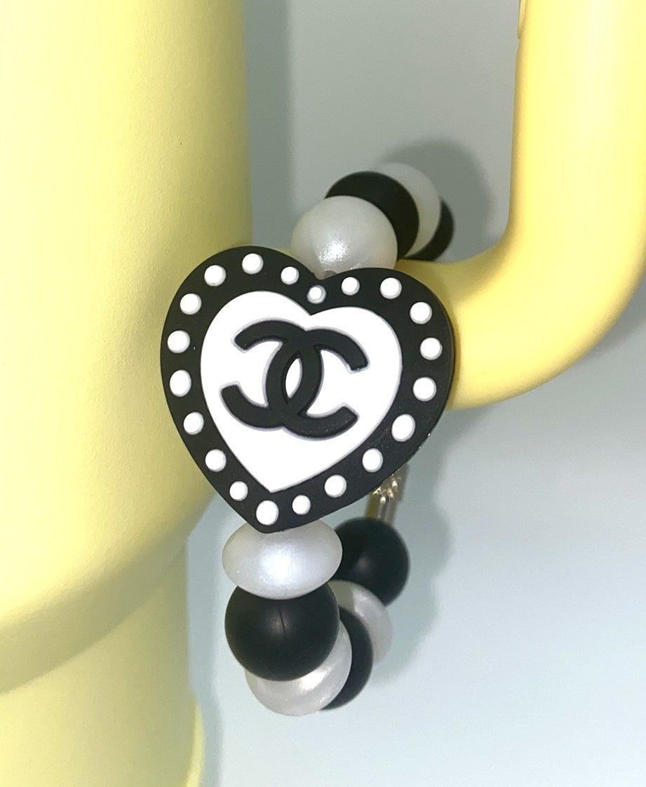 Designer Black & White CC Heart Stanley Tumbler Cup Handle Charm