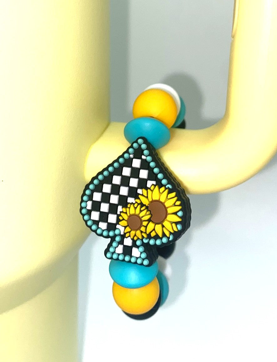 Checkered Spade w/Turquoise & Sunflowers Stanley Tumbler Cup Handle Charm