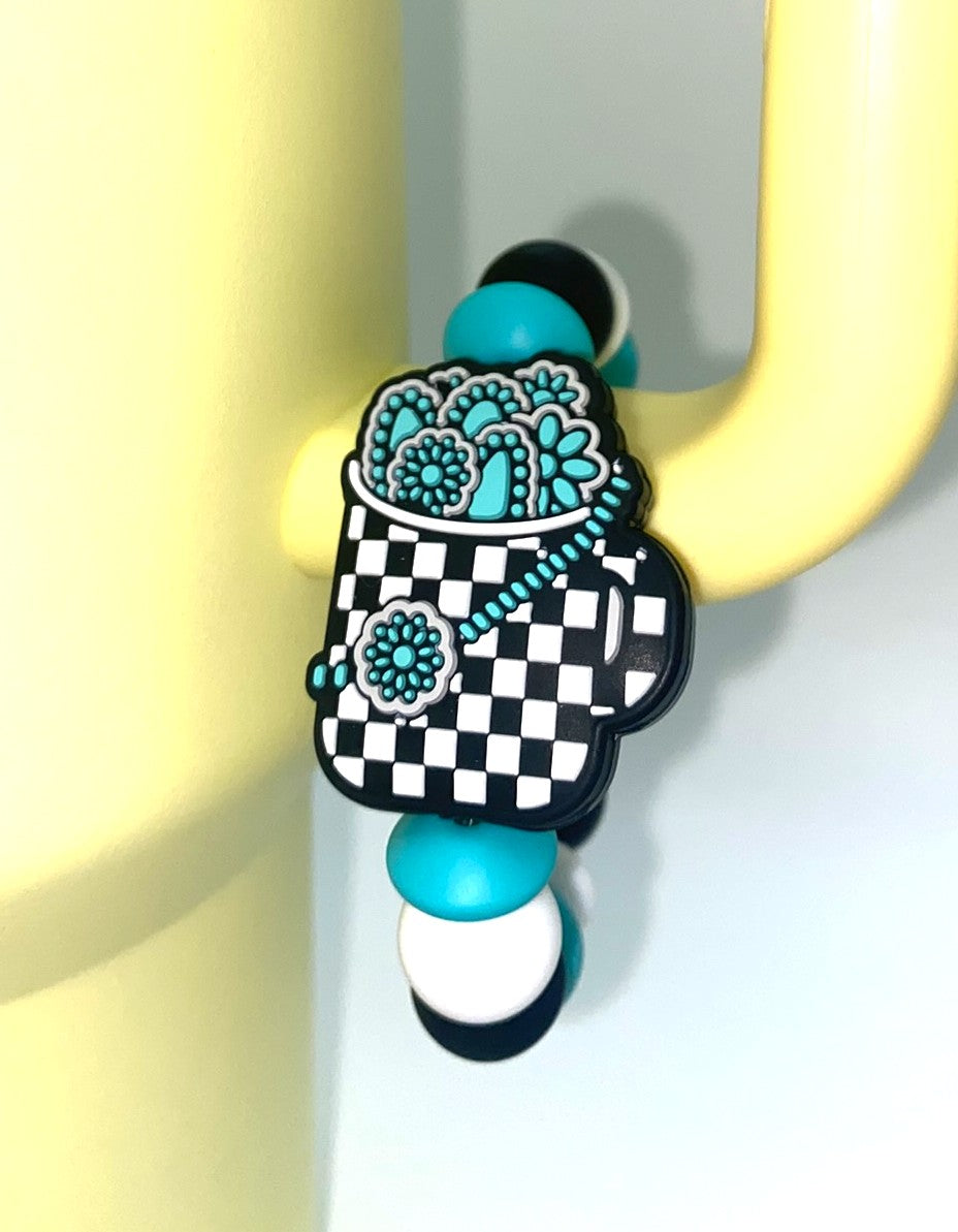 Checkered Cup w/Turquoise Jewelry Stanley Tumbler Cup Handle Charm