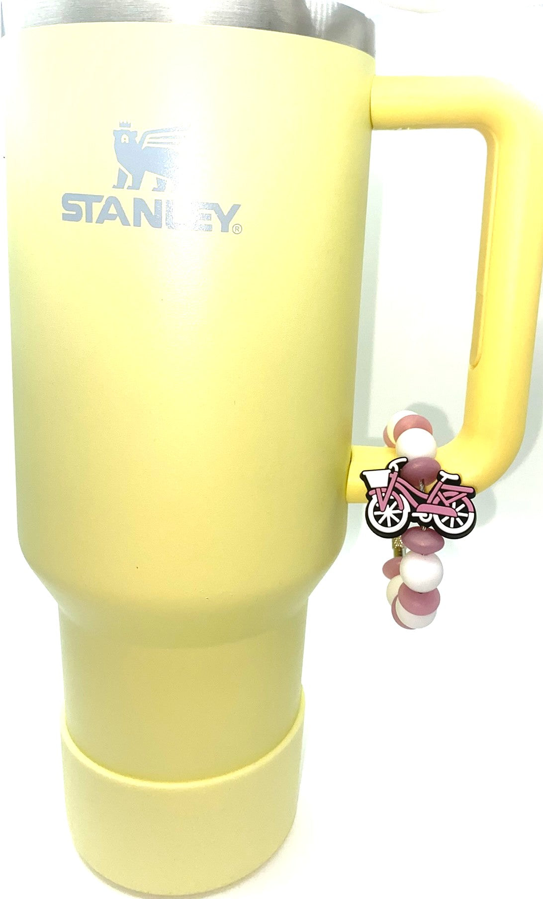 Pink Coral & White Bicycle Bike w/Basket Stanley Tumbler Cup Handle Charm