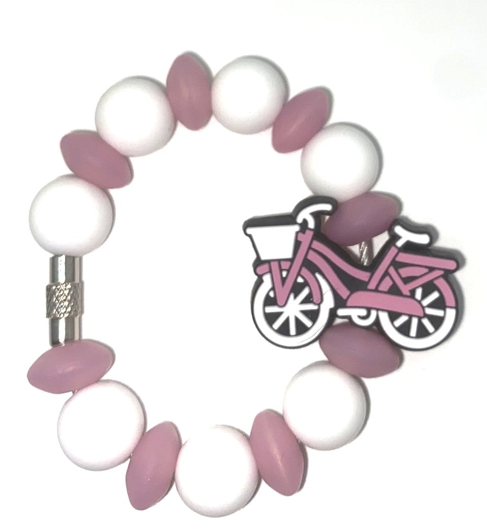 Pink Coral & White Bicycle Bike w/Basket Stanley Tumbler Cup Handle Charm