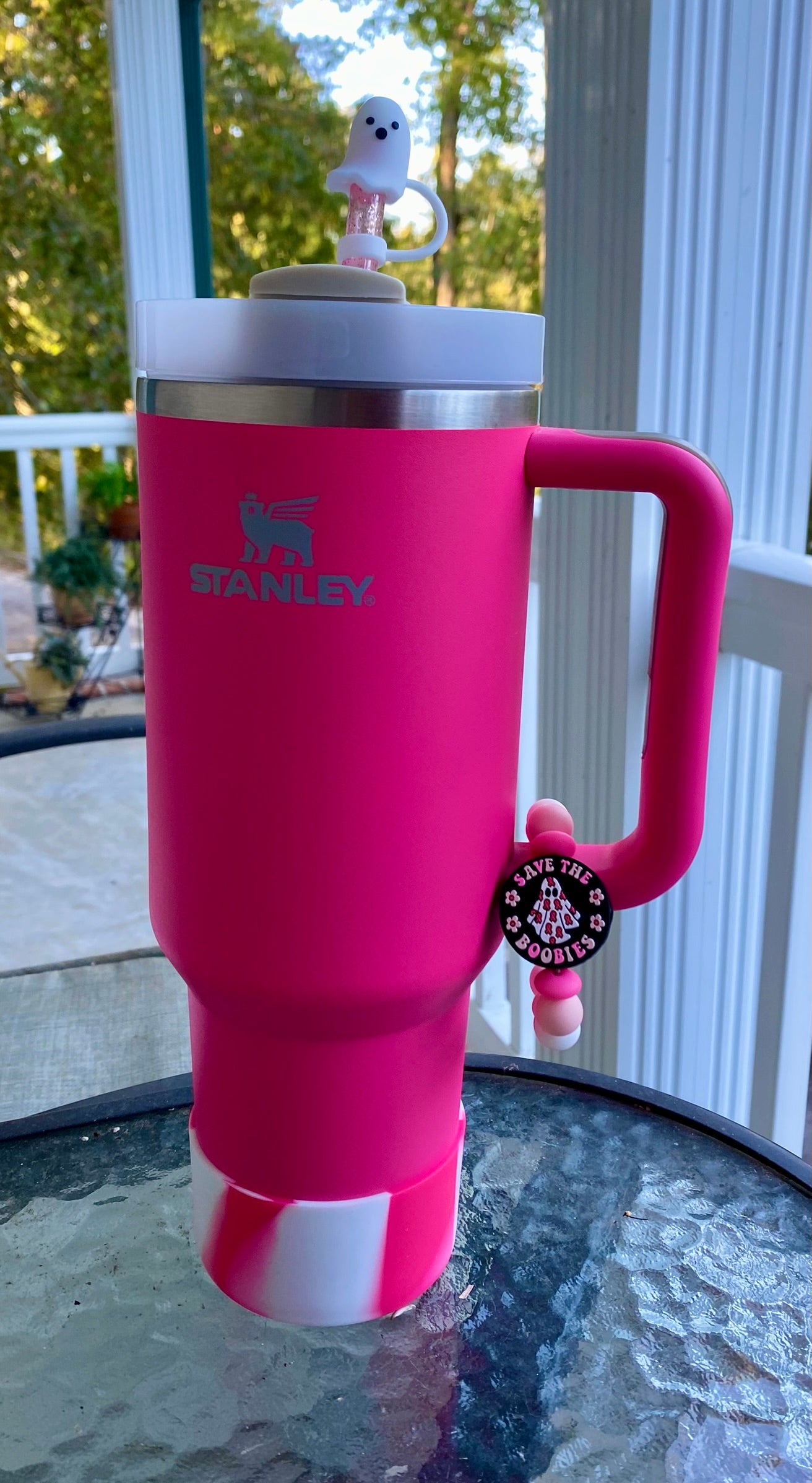 Save The Boobies Ghost Pink Ribbon Breast Cancer Awareness Stanley Tumbler Cup Handle Charm