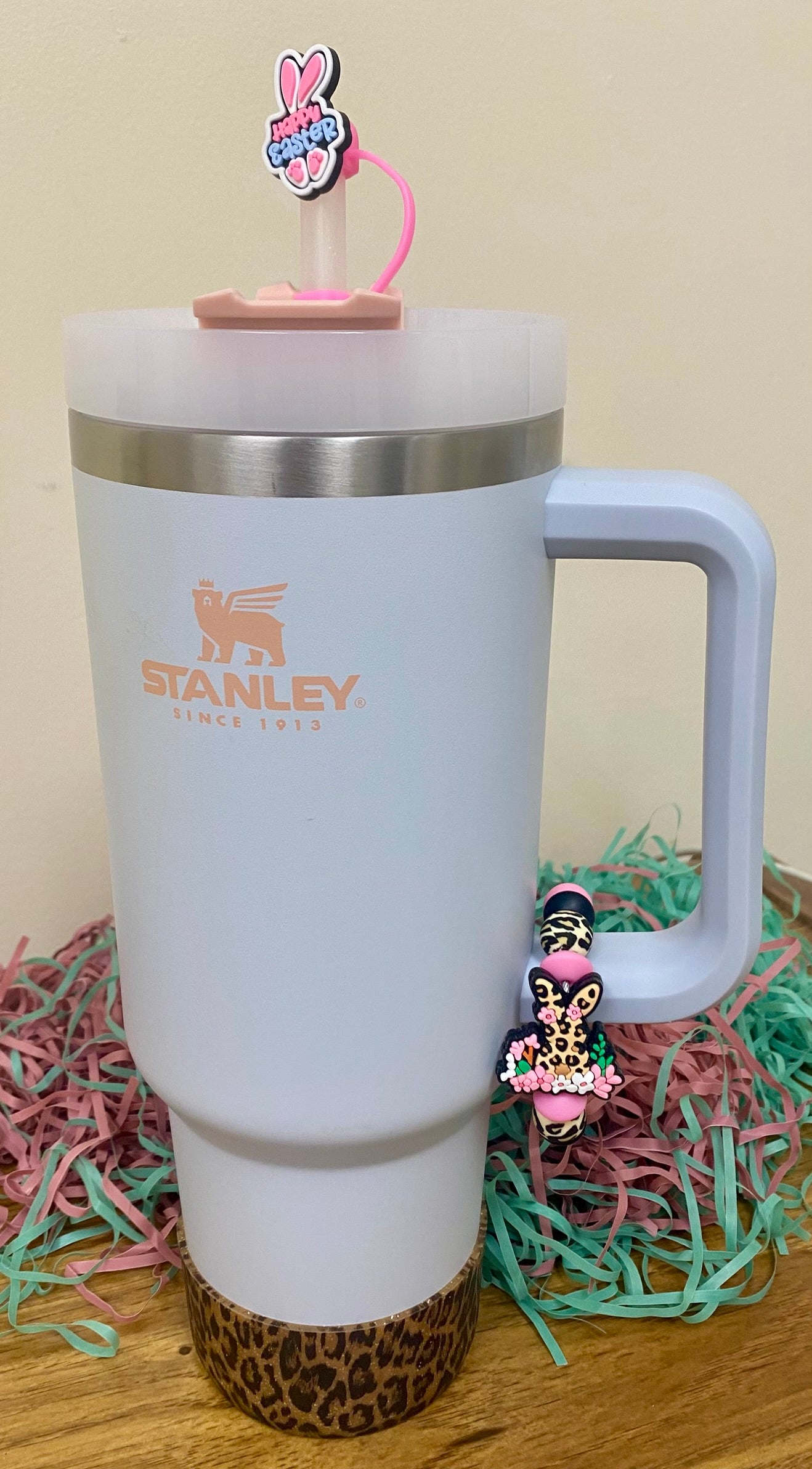 Brown Leopard Easter Bunny With Flowers Stanley Tumbler Cup Handle Charm