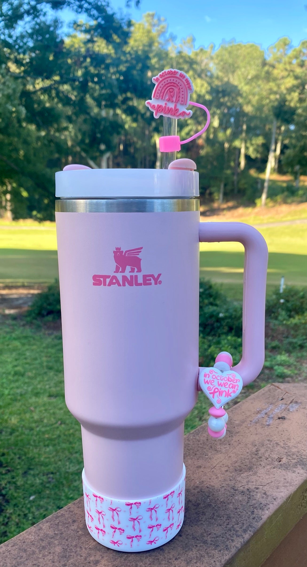 In October We Wear Pink Pink Ribbon Breast Cancer Straw Topper