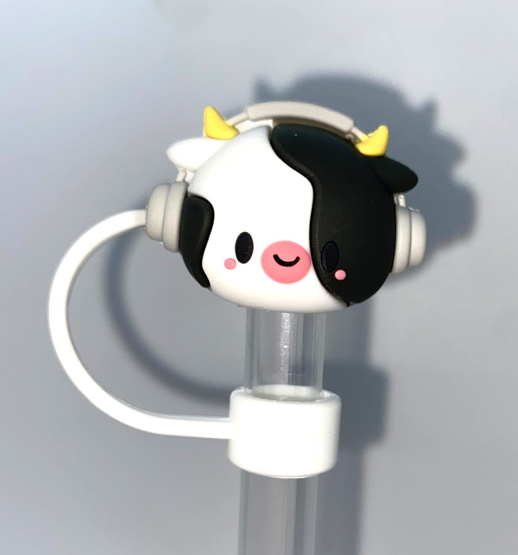 Cow W/Headphones Head 3D Straw Topper