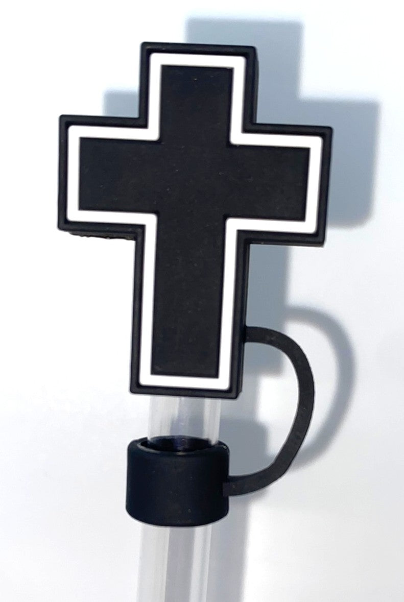 Cross 3D Black w/White Outline Straw Topper