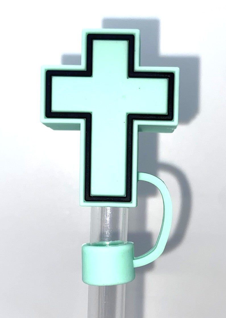 Cross 3D Mint Green w/Black Outline Straw Topper