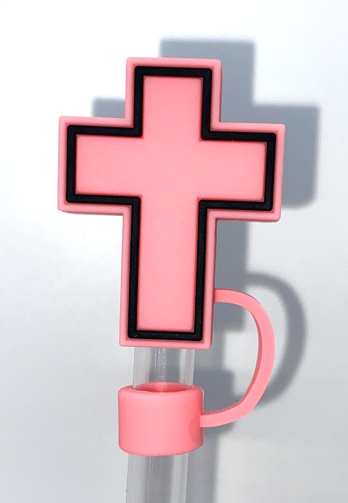 Cross 3D Coral Pink w/Black Outline Straw Topper