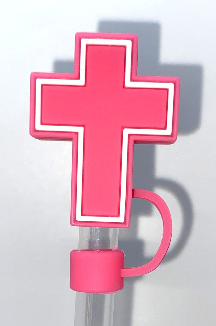 Cross 3D Pink w/White Outline Straw Topper