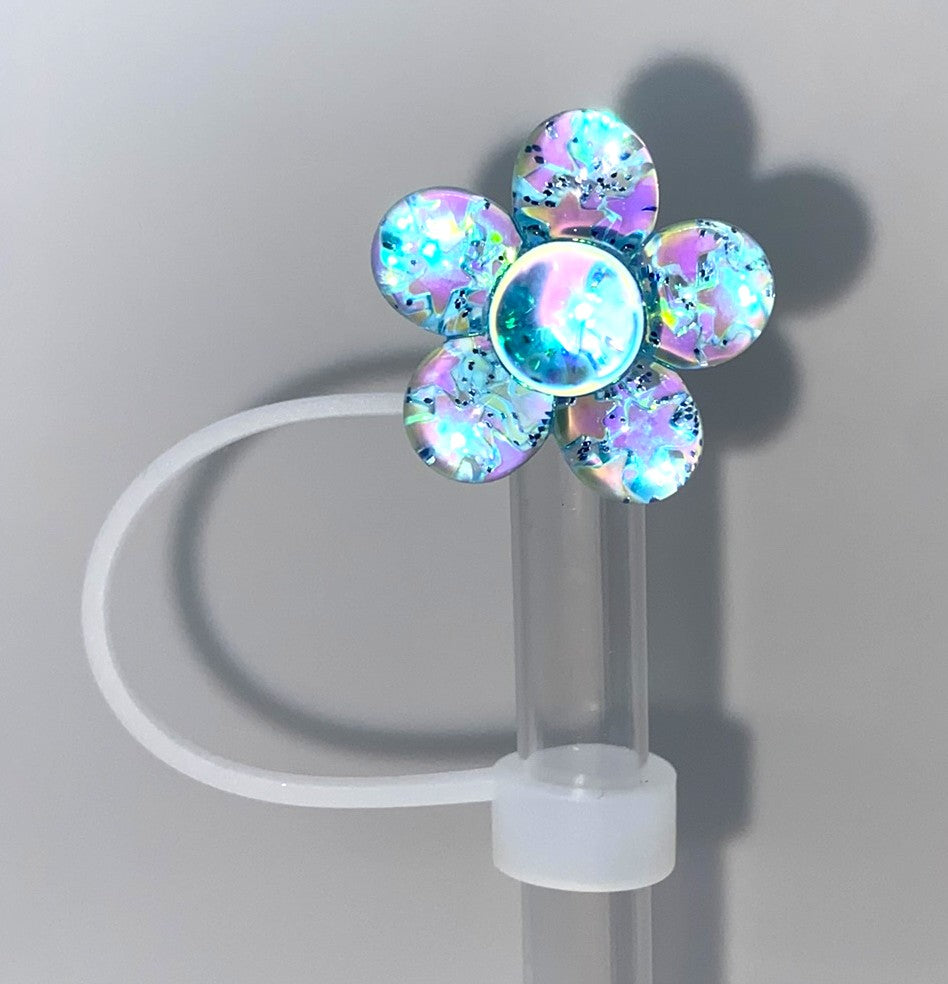 Glitter Flower Iridescent Blue Straw Topper