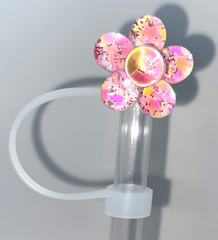 Glitter Flower Iridescent Pink Straw Topper
