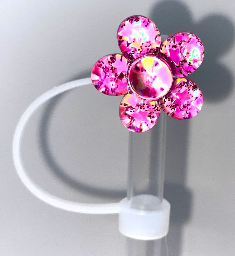 Glitter Flower Iridescent Purple Magenta Straw Topper