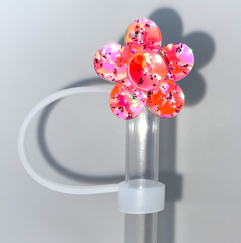 Glitter Flower Iridescent Hot Pink Straw Topper