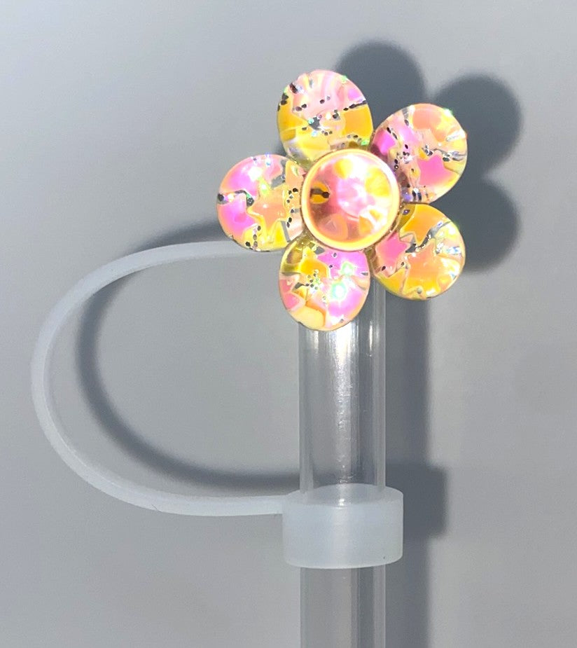 Glitter Flower Iridescent Light Yellow Straw Topper