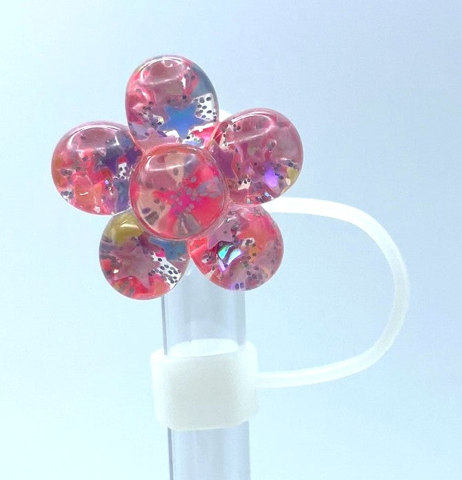 Glitter Flower Iridescent Pink Straw Topper