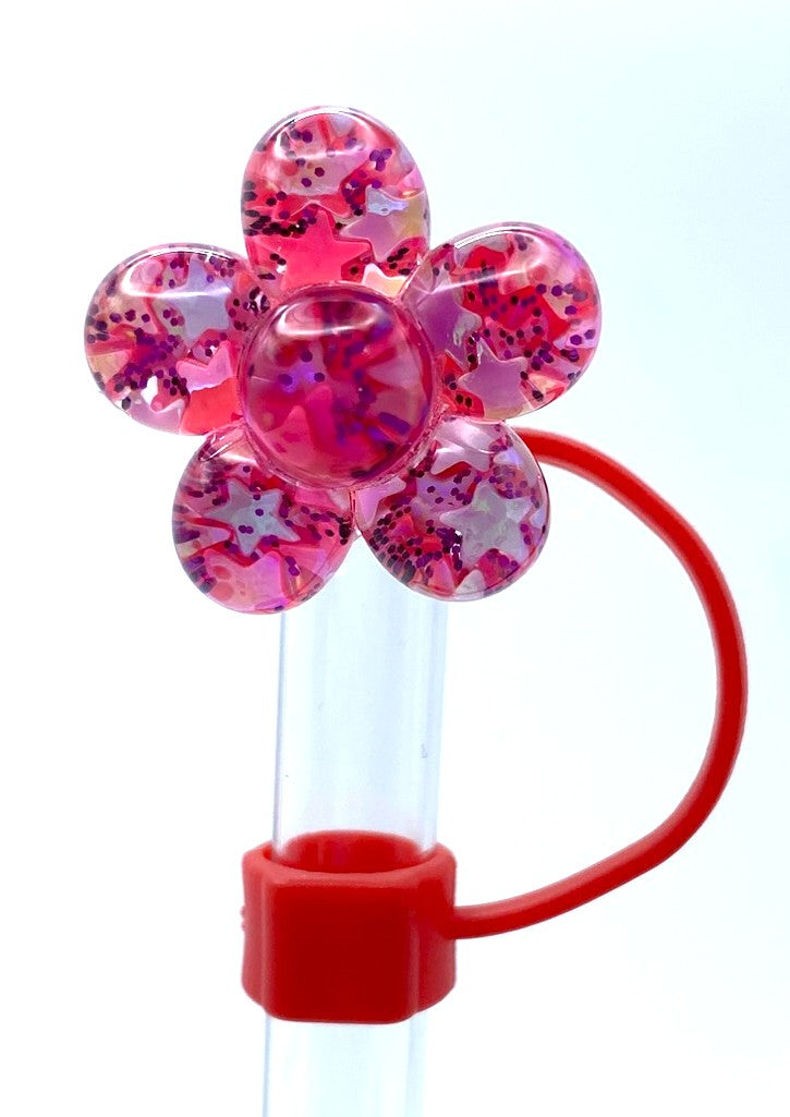 Glitter Flower Red Straw Topper