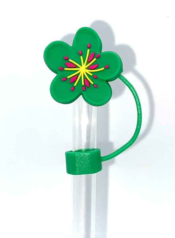 Green w/Yellow & Pink Plumeria Flower 3D Straw Topper