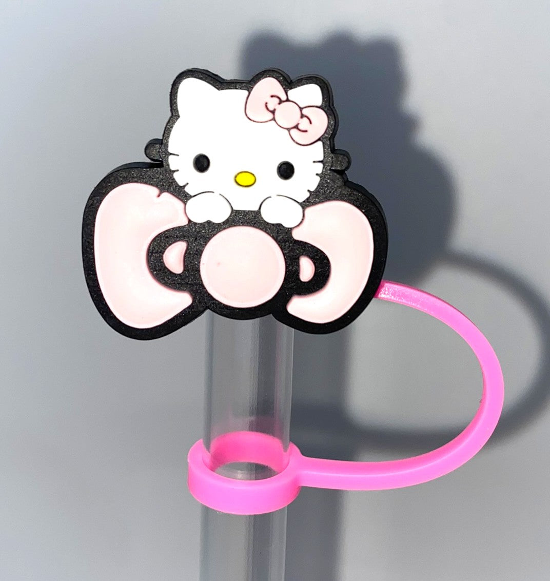 Cute Kitty Pink Bow Straw Topper