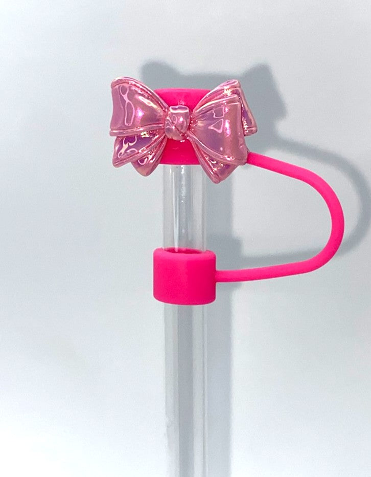 Hot Pink Iridescent Bow Resin Straw Topper