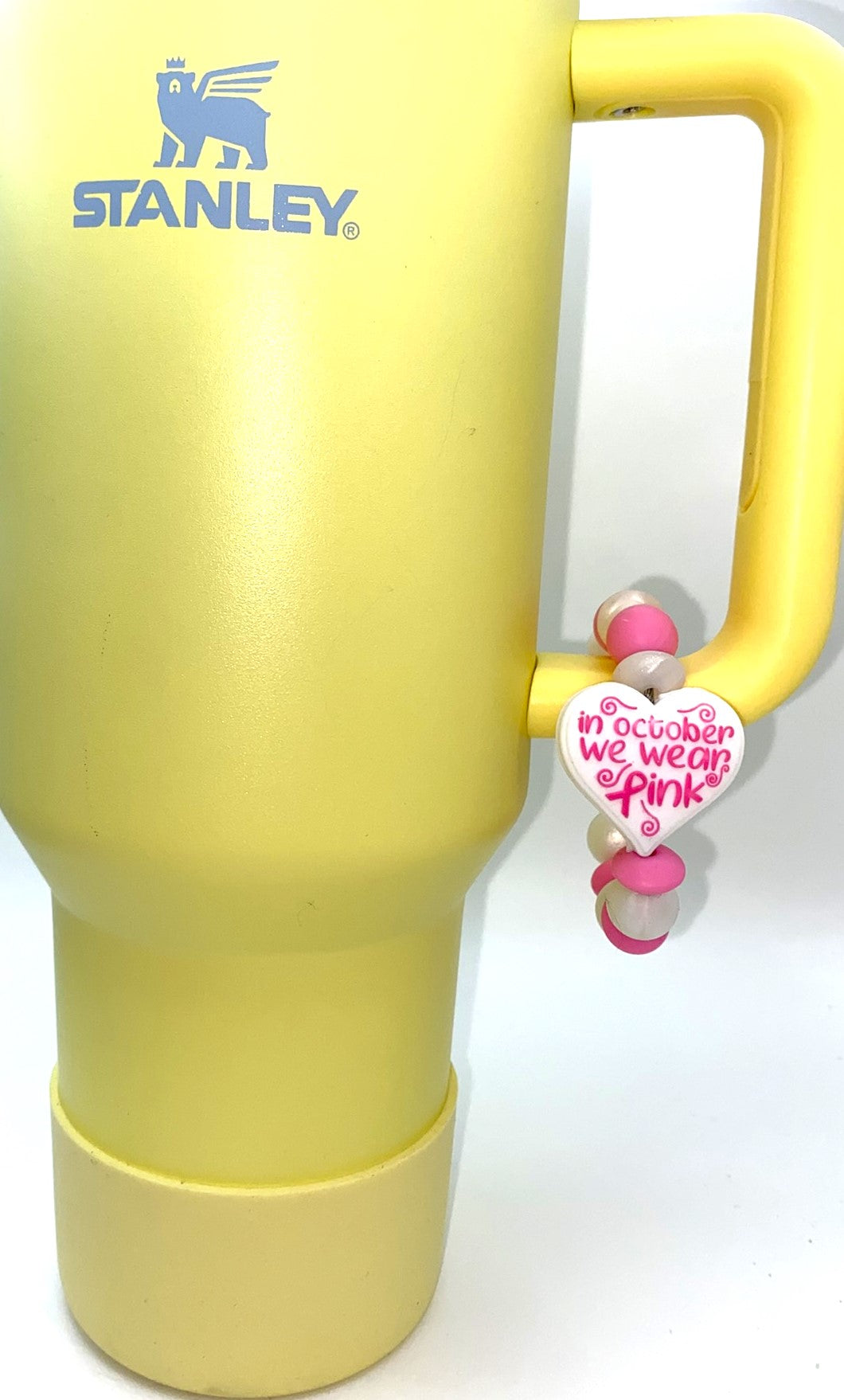 In October We Wear Pink White Heart Pink Ribbon Breast Cancer Awareness Stanley Tumbler Cup Handle Charm