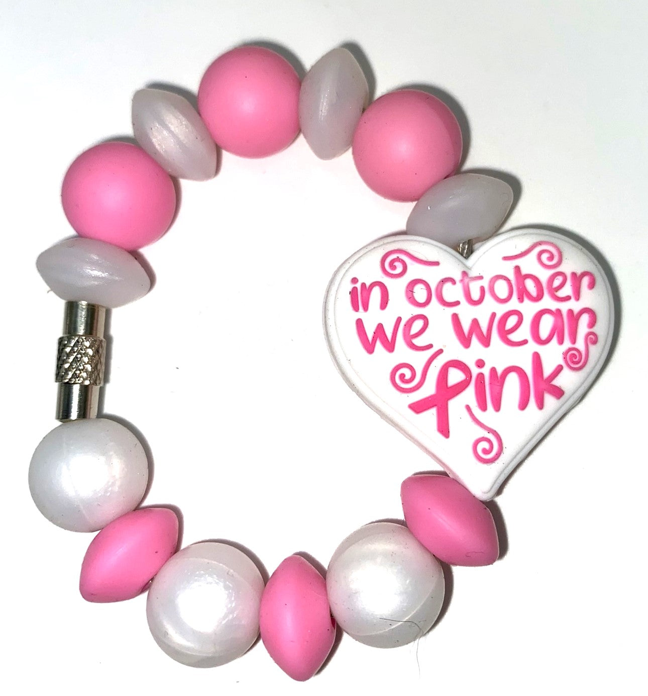 In October We Wear Pink White Heart Pink Ribbon Breast Cancer Awareness Stanley Tumbler Cup Handle Charm