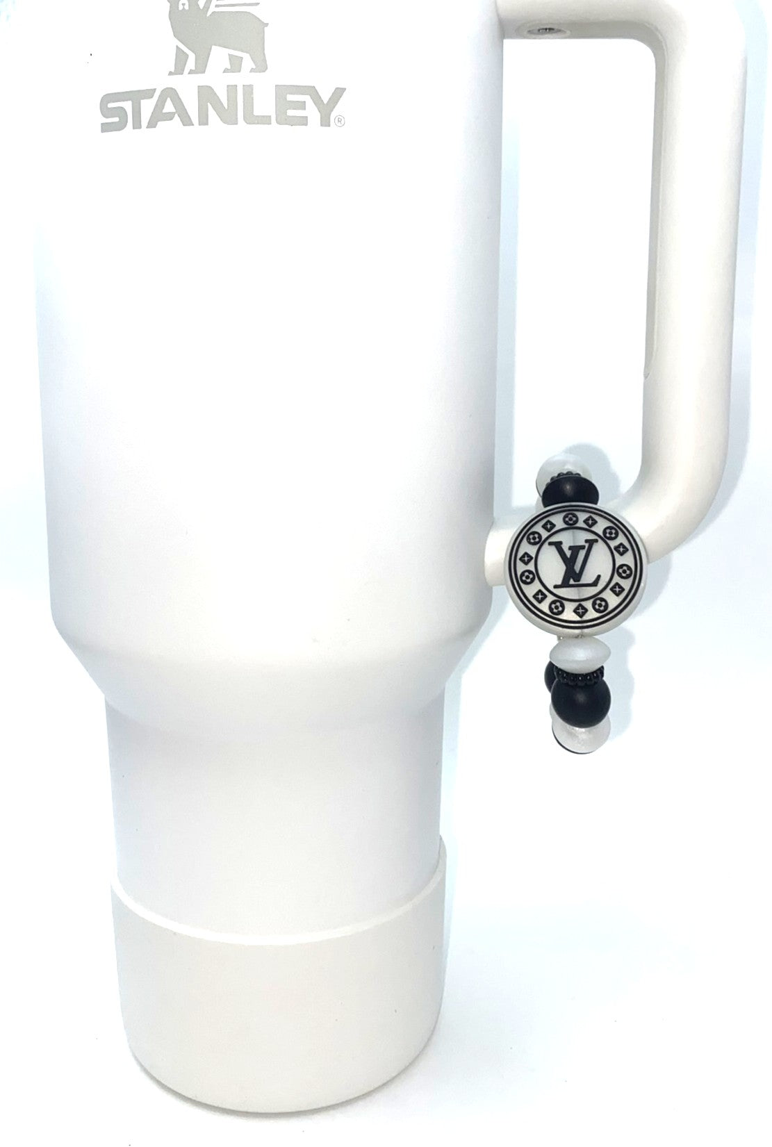 Round LV Designer Black & Pearl White Stanley Tumbler Cup Handle Charm
