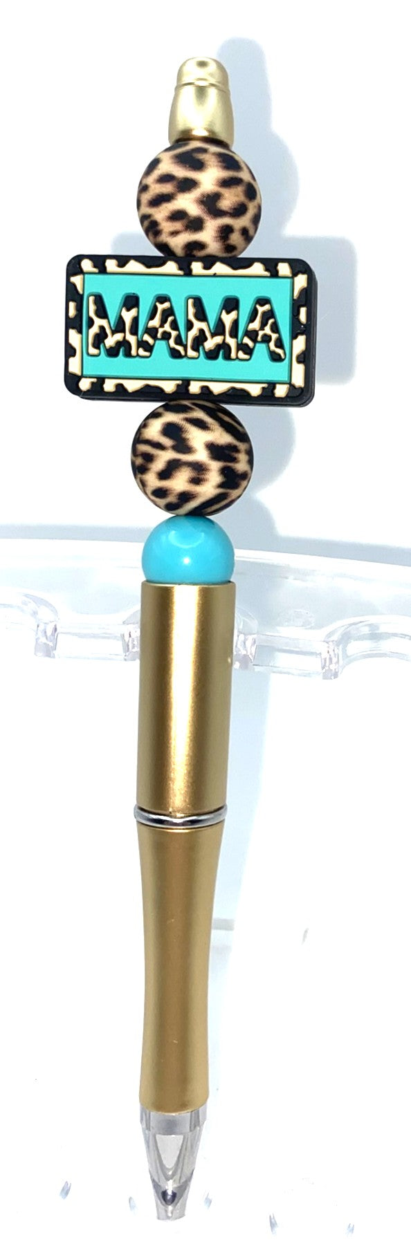 Mama Turquoise Teal Leopard Print Rectangle Beaded Pen