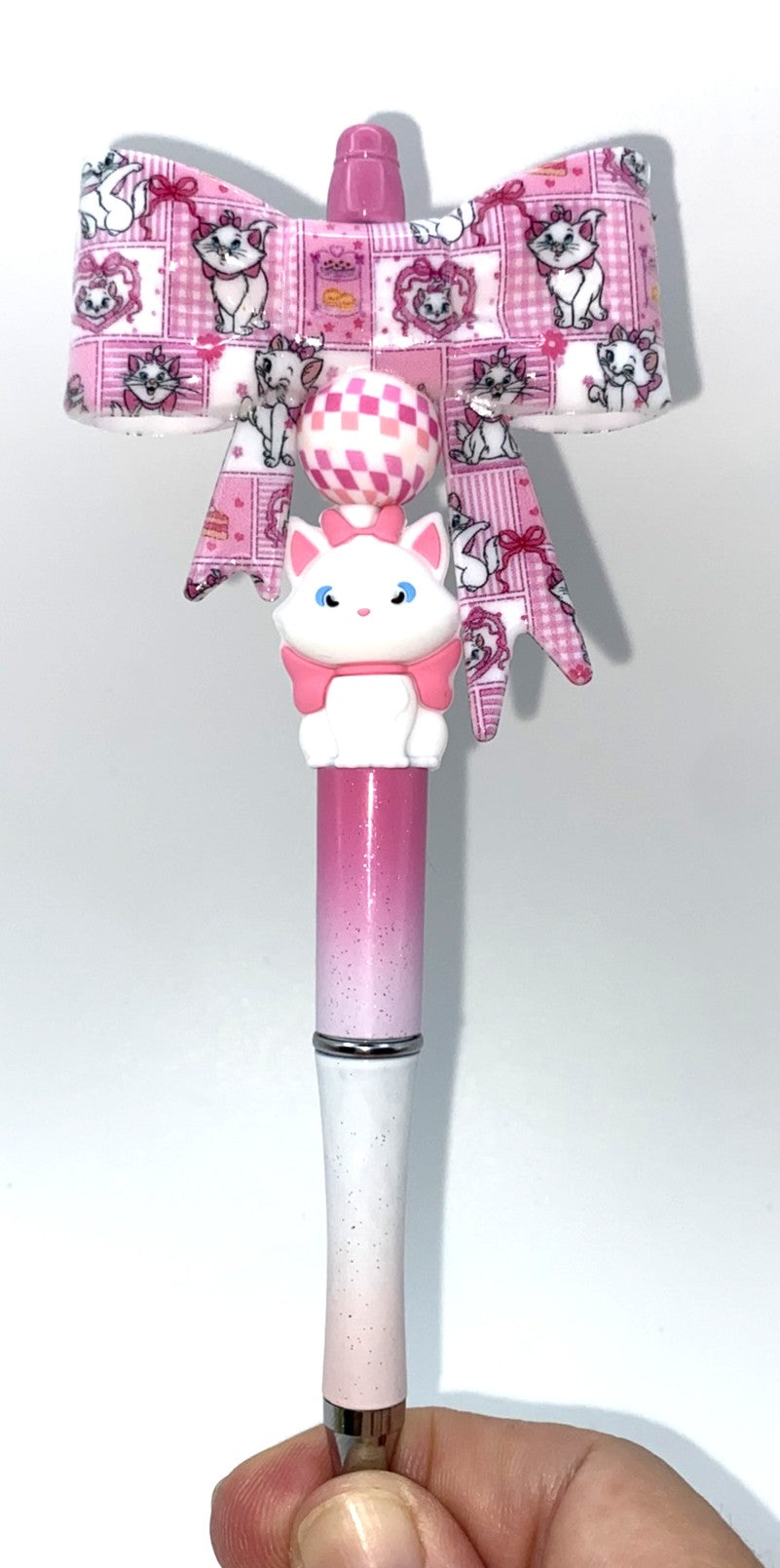 White Fancy Cat Big Bow Beaded Pen