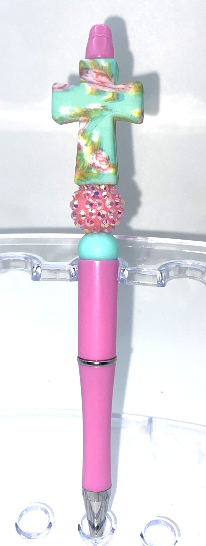 Mint Floral Cross Beaded Pen
