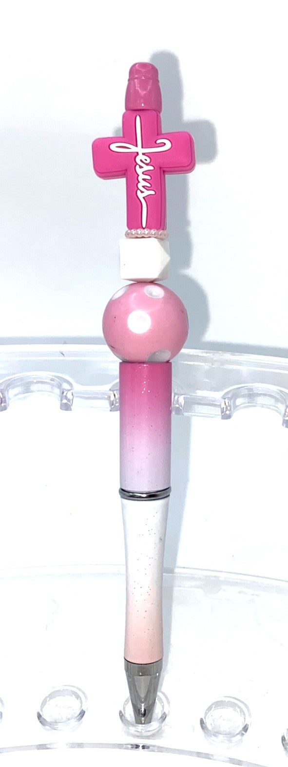 Pink Cross w/White Jesus Name Beaded Pen