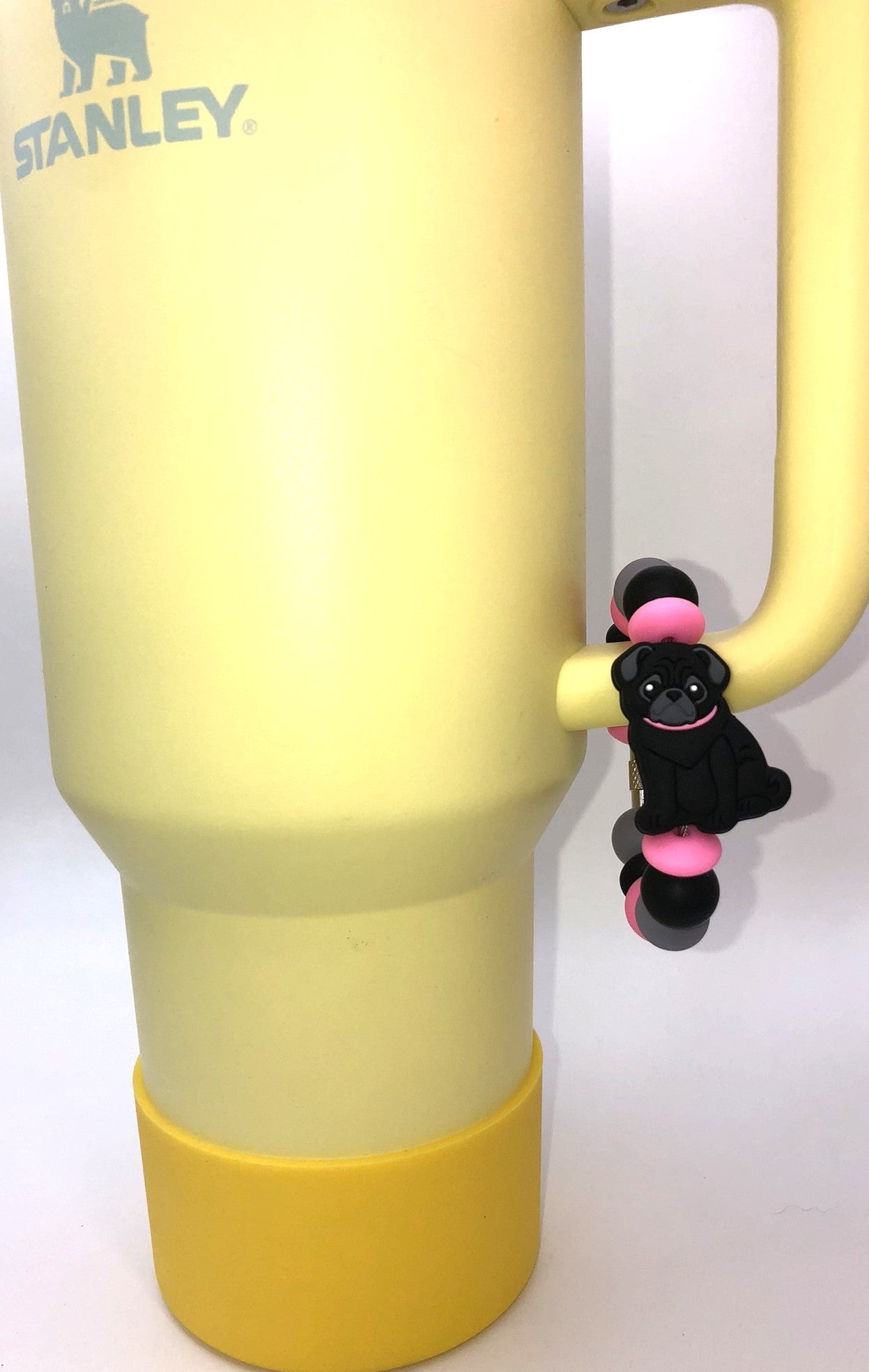 Cute Black Pug Dog w/Pink Collar Stanley Tumbler Cup Handle Charm