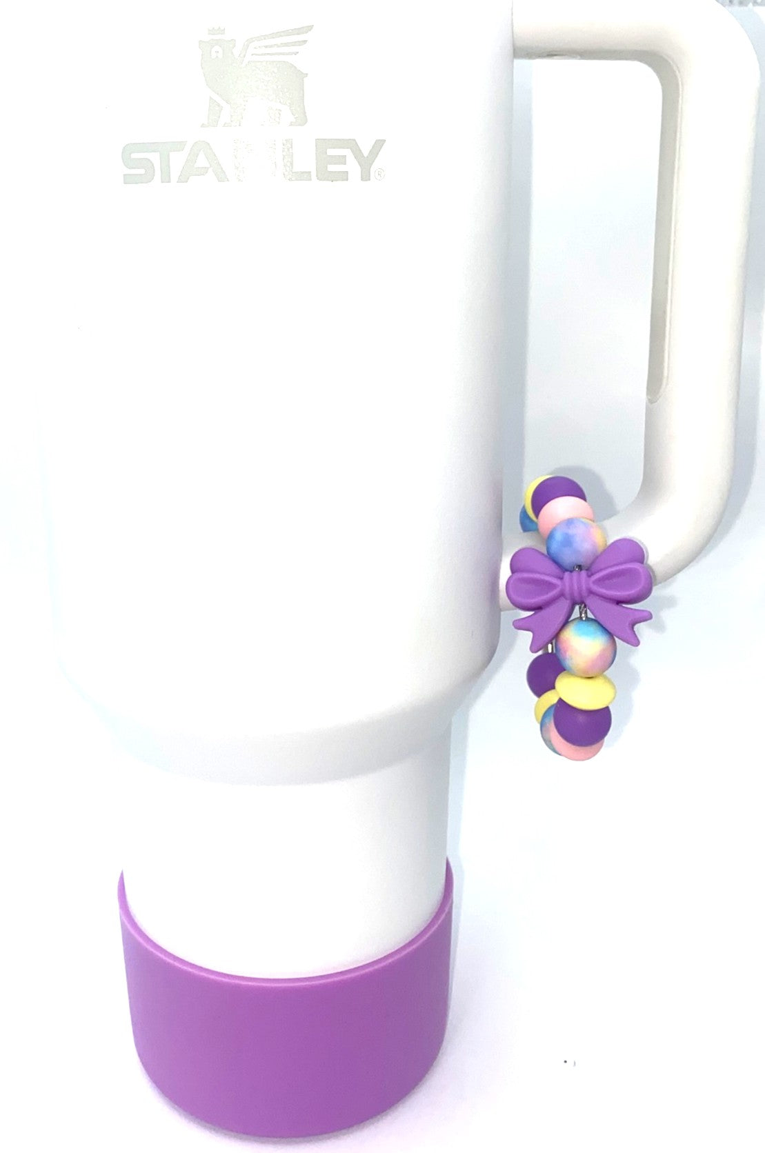 Purple Coquette Bow w/Pastel Tie Dye Beads Stanley Tumbler Cup Handle Charm