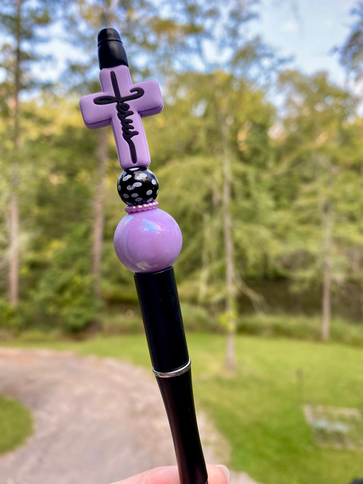 Purple Cross w/Black Jesus Name Beaded Pen