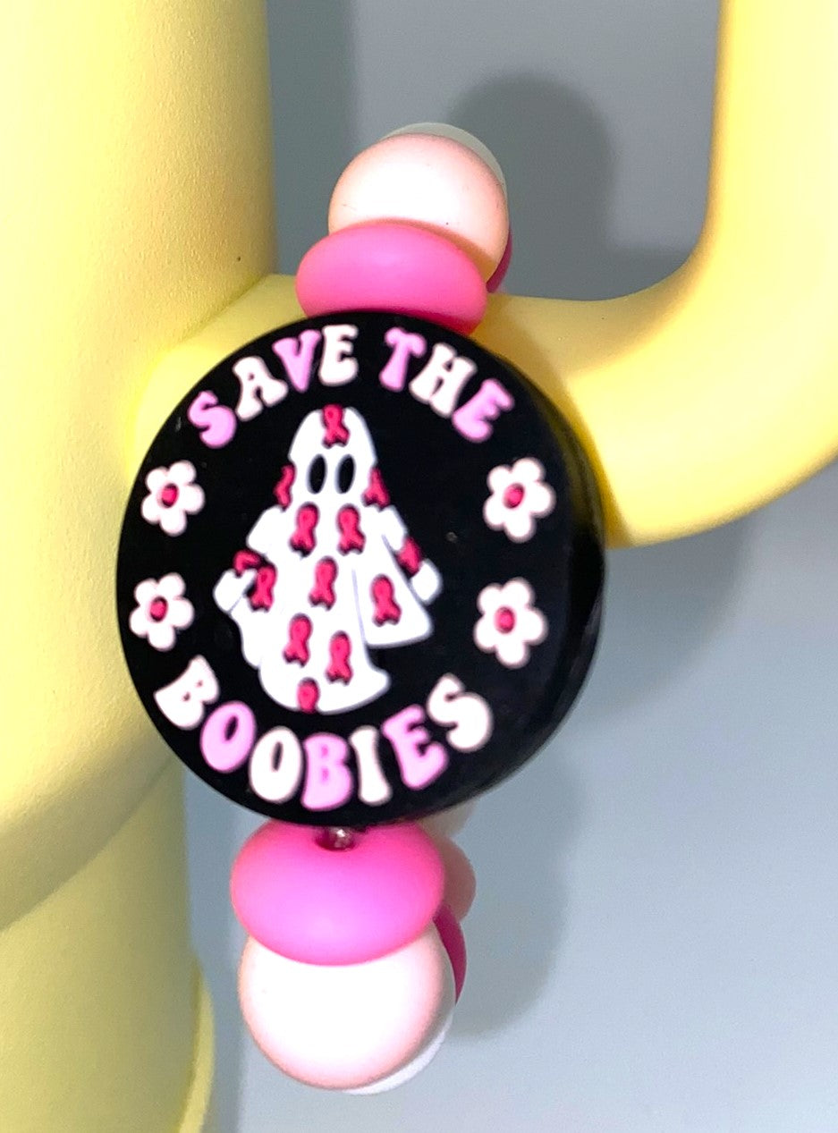 Save The Boobies Ghost Pink Ribbon Breast Cancer Awareness Stanley Tumbler Cup Handle Charm