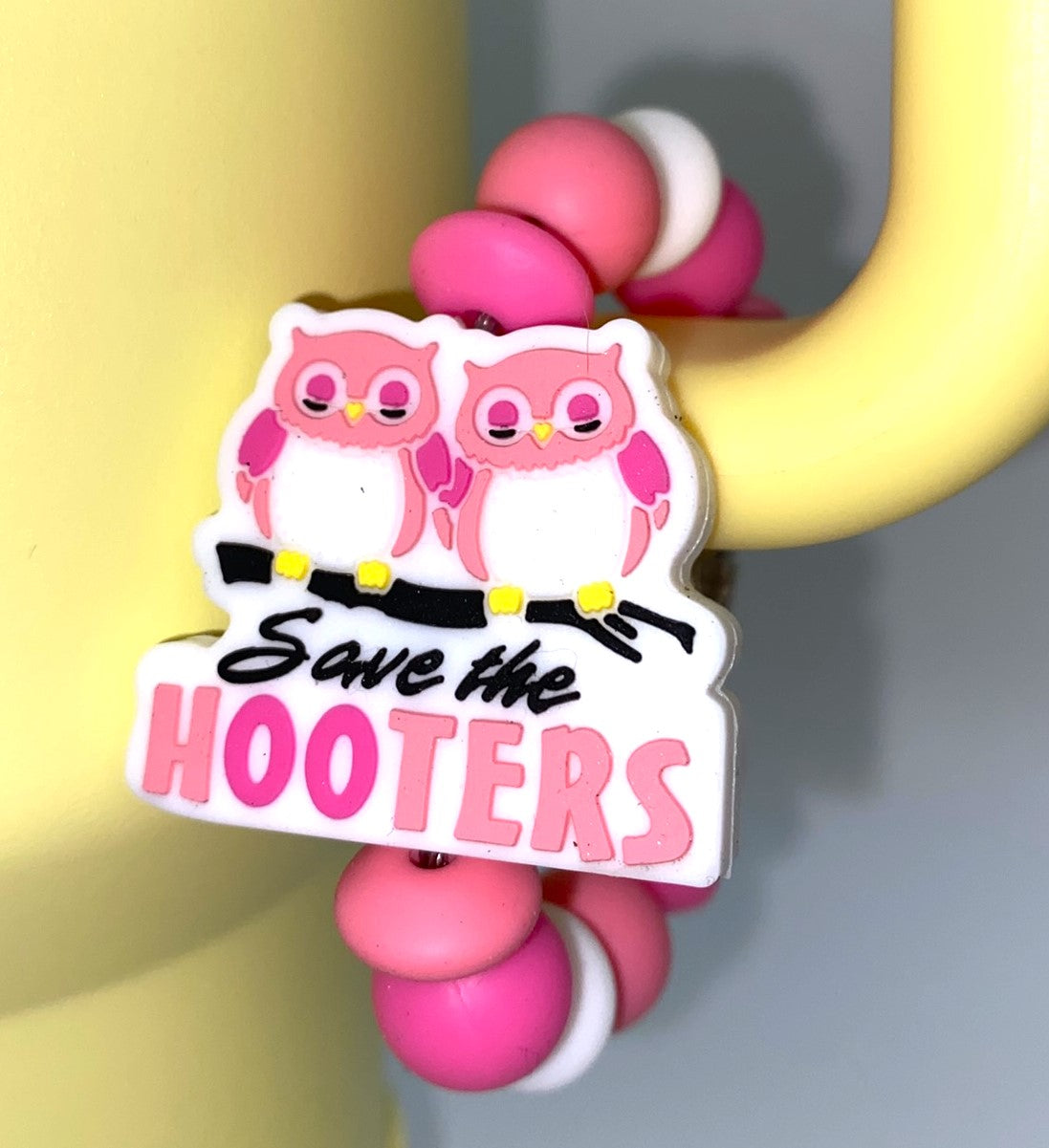Save The Hooters Owl Pink Ribbon Breast Cancer Awareness Stanley Tumbler Cup Handle Charm