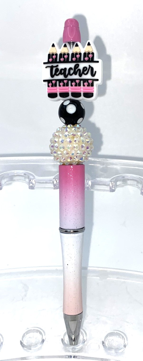 Teacher Pink & Black Pencils Beaded Pen