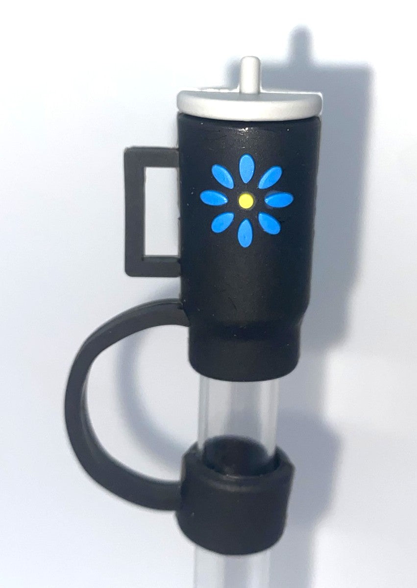Tumbler 3D Black w/Blue Flower Straw Topper