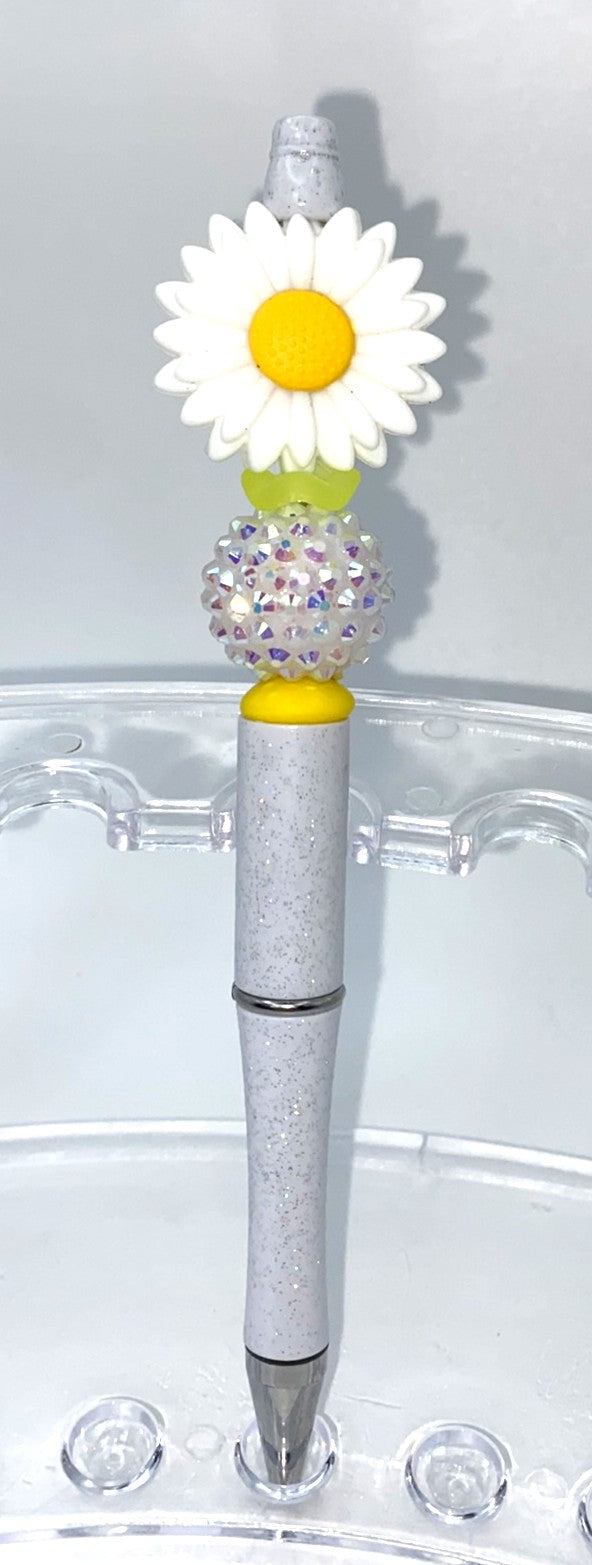 White Daisy Flower Bead Beaded Pen