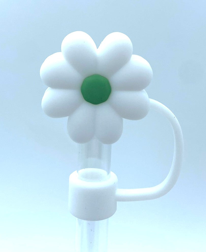 White Flower w/Green Center 3D Straw Topper