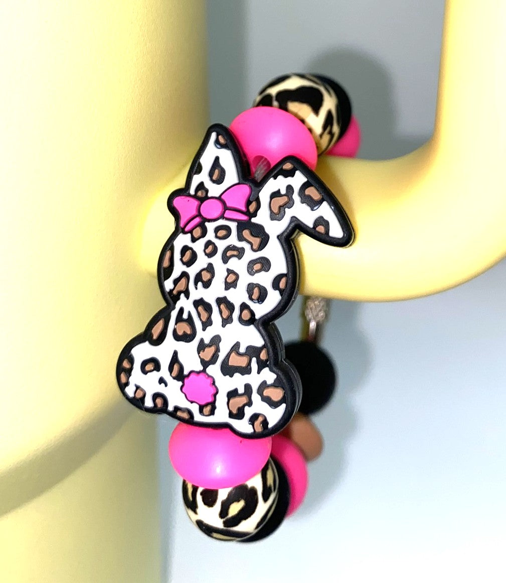 White Leopard Easter Bunny With Bow Stanley Tumbler Cup Handle Charm